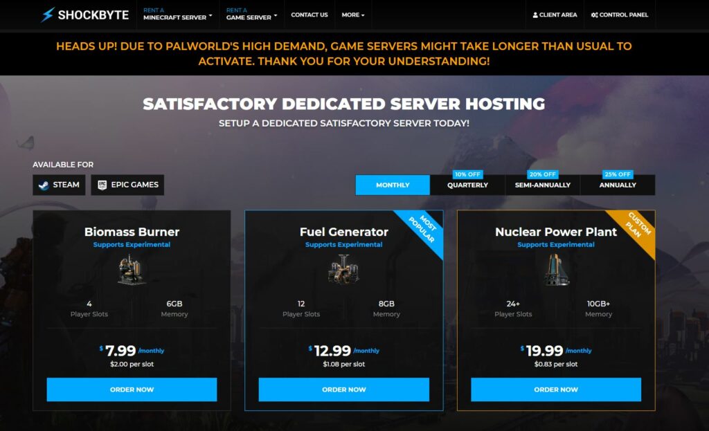 Cheapest Satisfactory server provider and 5th on our list of Best Satisfactory hosting: Shockbyte