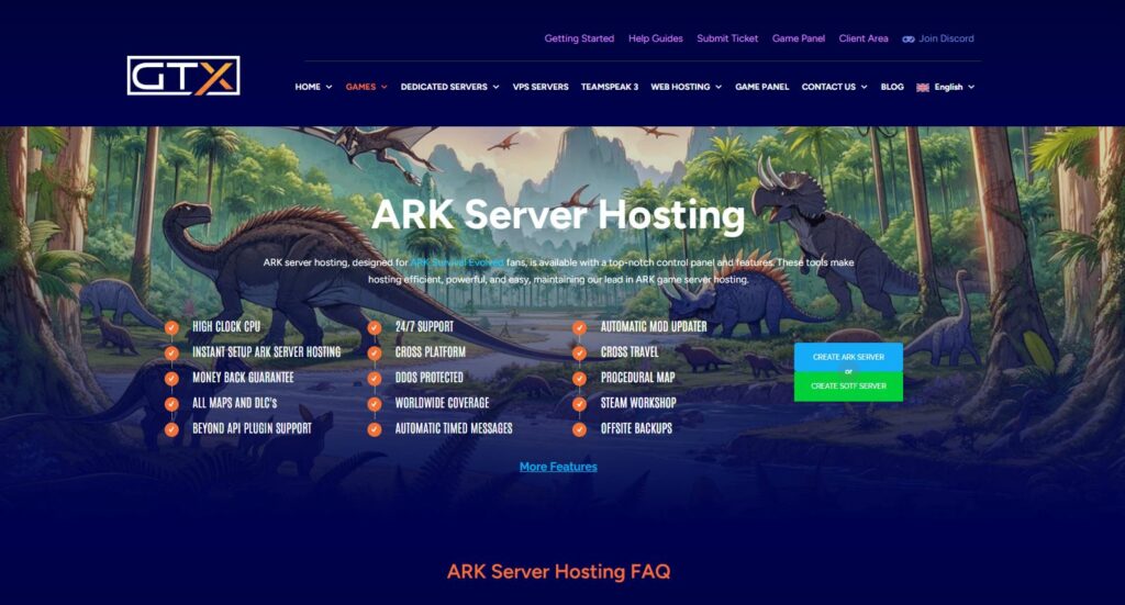 Control panel at GTX Gaming for ARK hosting
