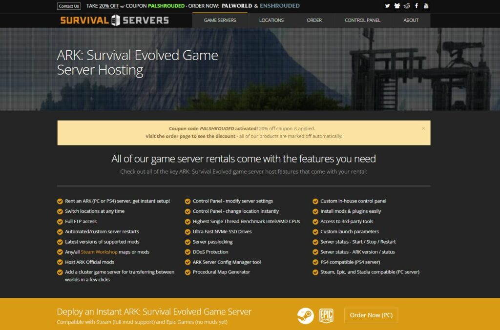 Control panel at Survival Servers for ARK hosting