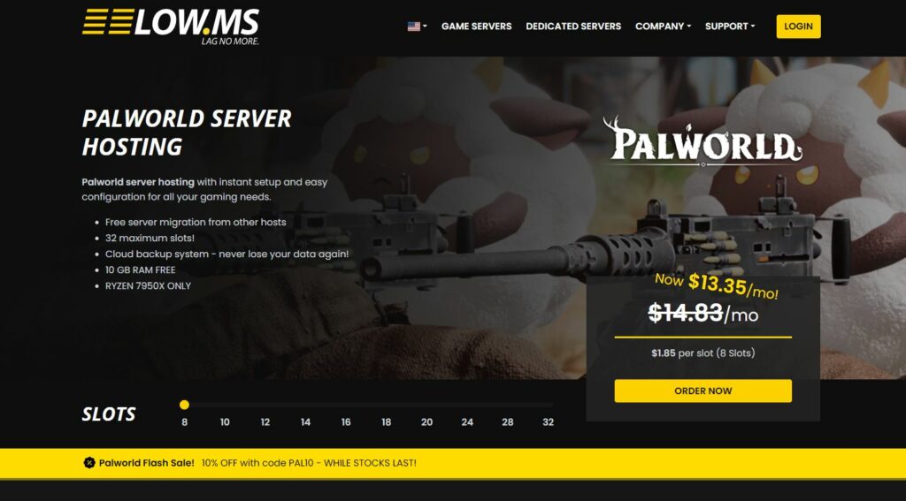 Image shows the user interface at LOW MS for palworld server hosting