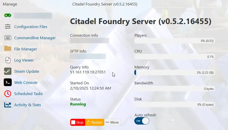 Citadel Servers Customised TCAdmin-style panel screenshot