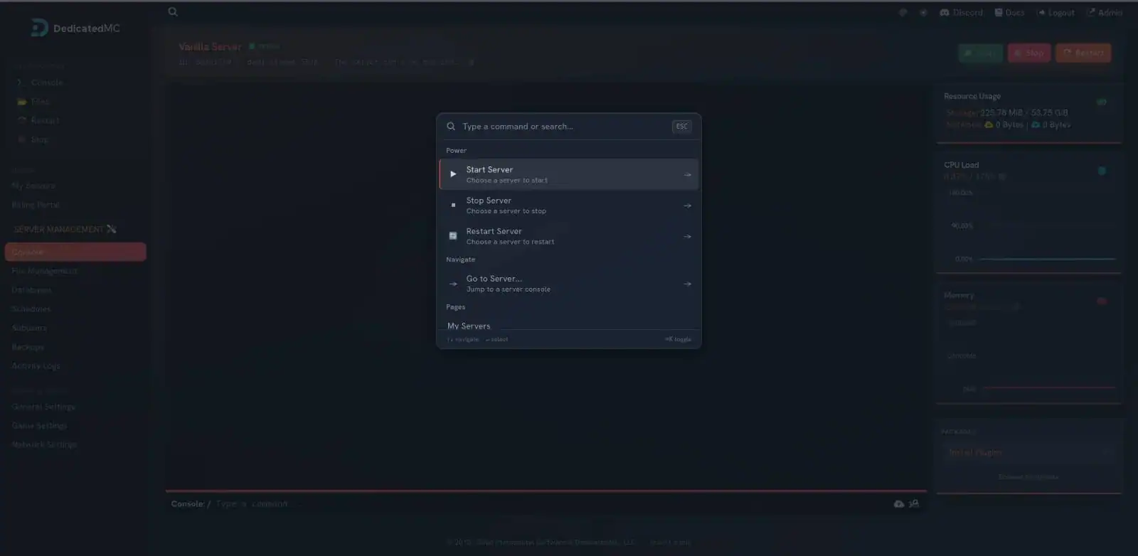 DedicatedMC Raw Power Panel screenshot