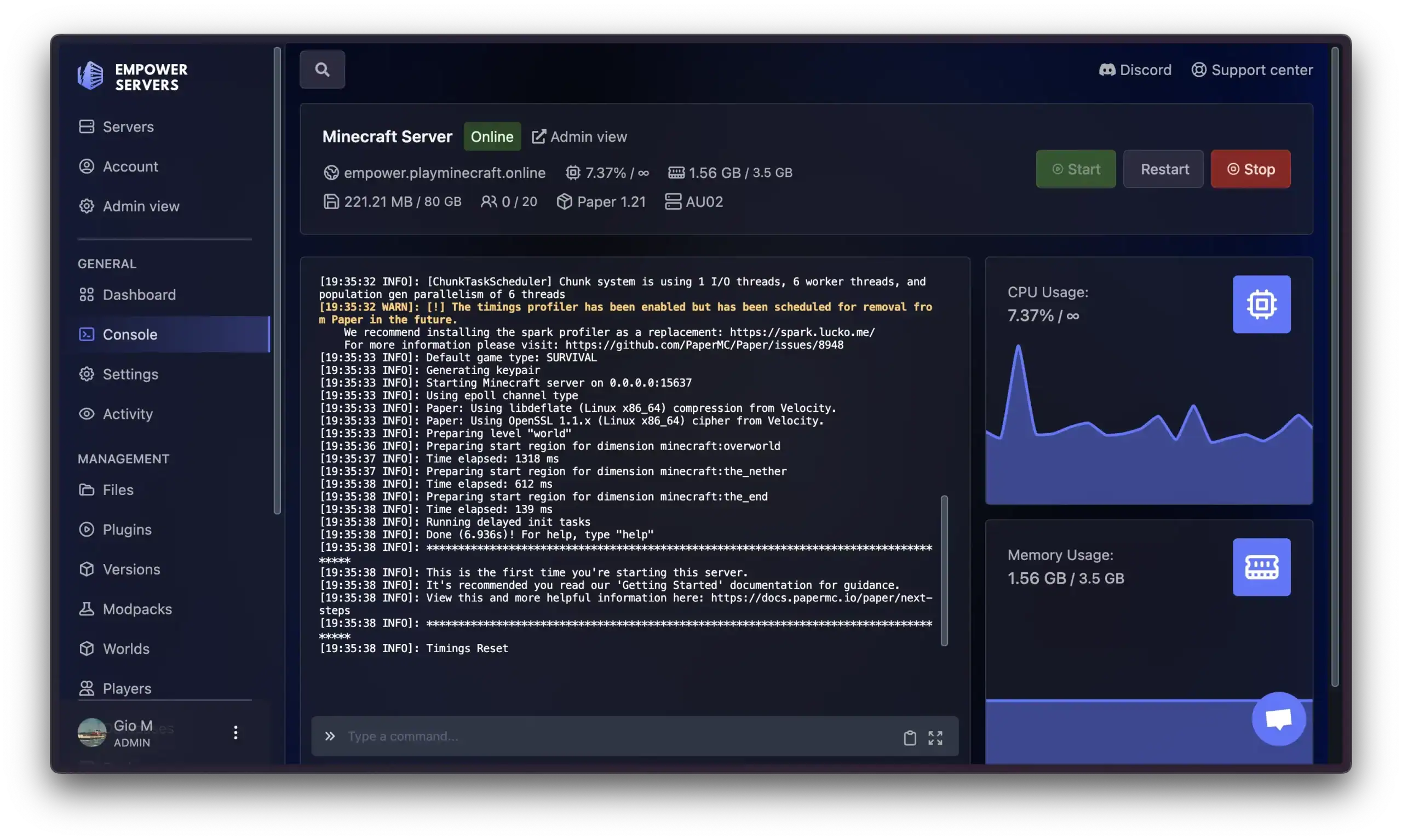 Empower Servers control panel screenshot