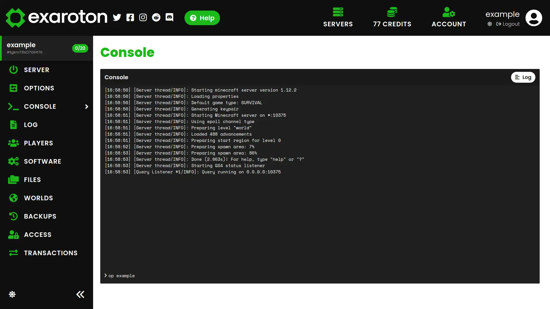 exaroton control panel screenshot
