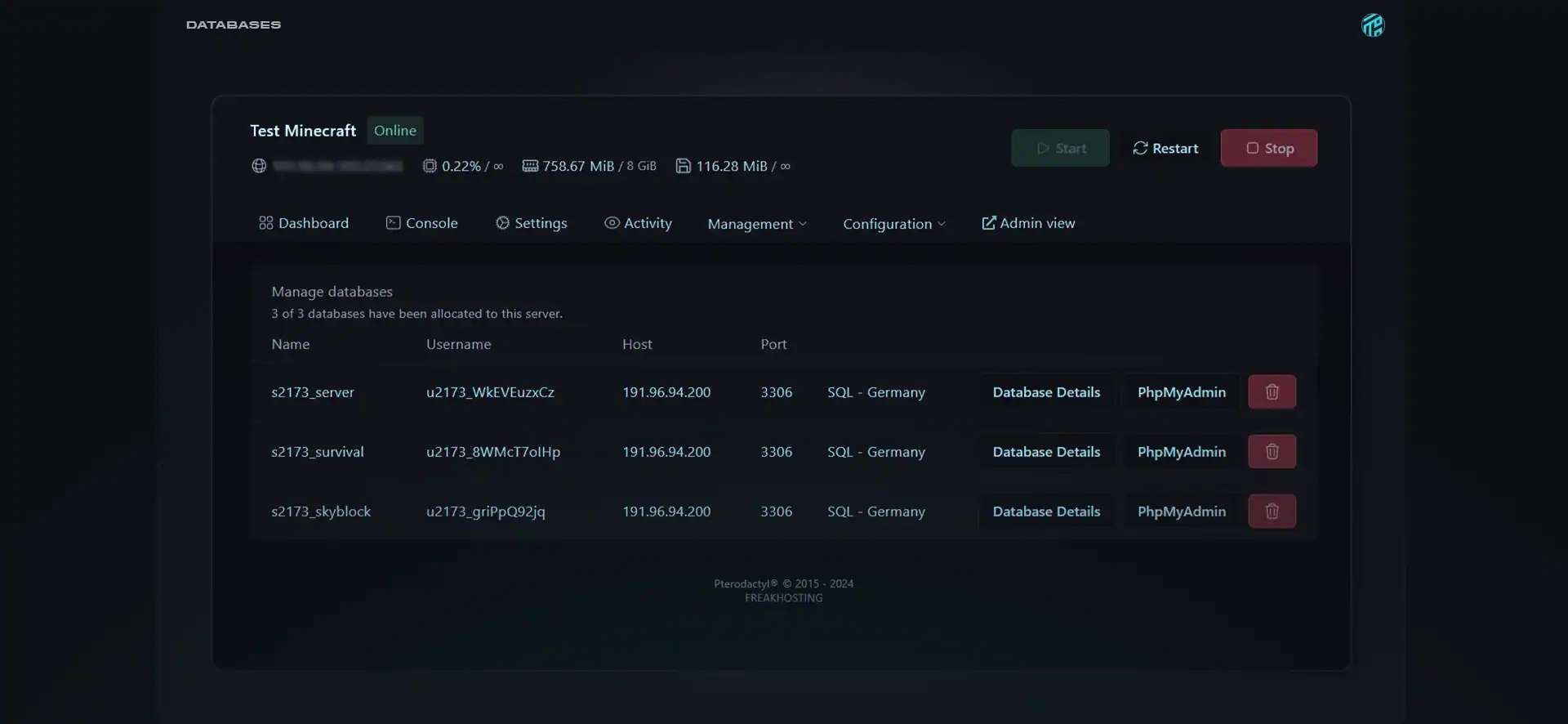 FREAKHOSTING control panel screenshot
