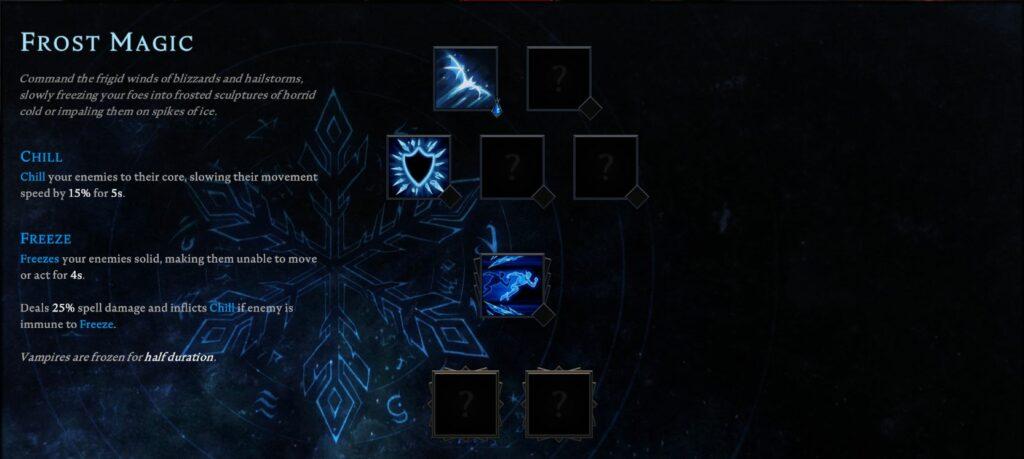 Image of V rising frost spells and description of how they work and what status effect they give. 