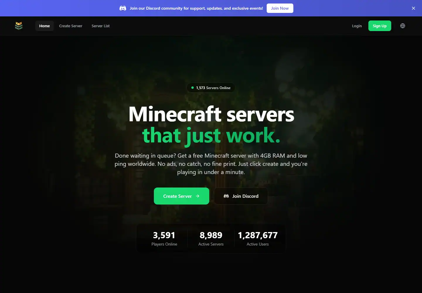 MCServerHost homepage screenshot