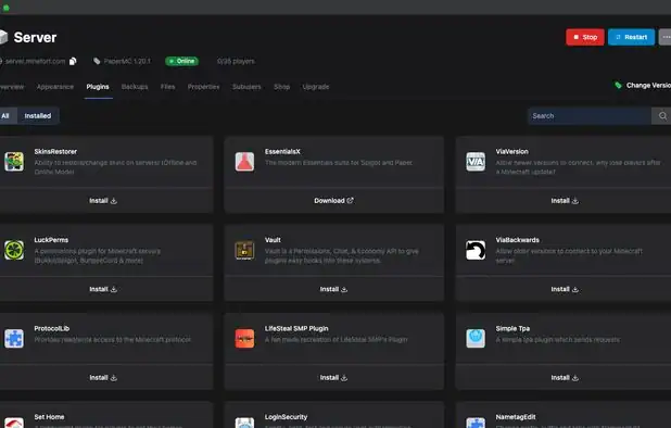 Minefort control panel screenshot