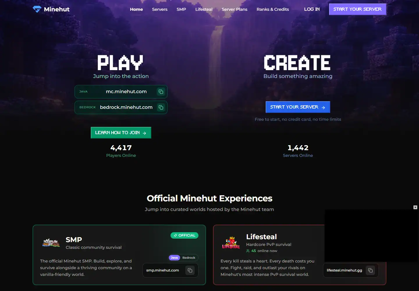 Minehut homepage screenshot