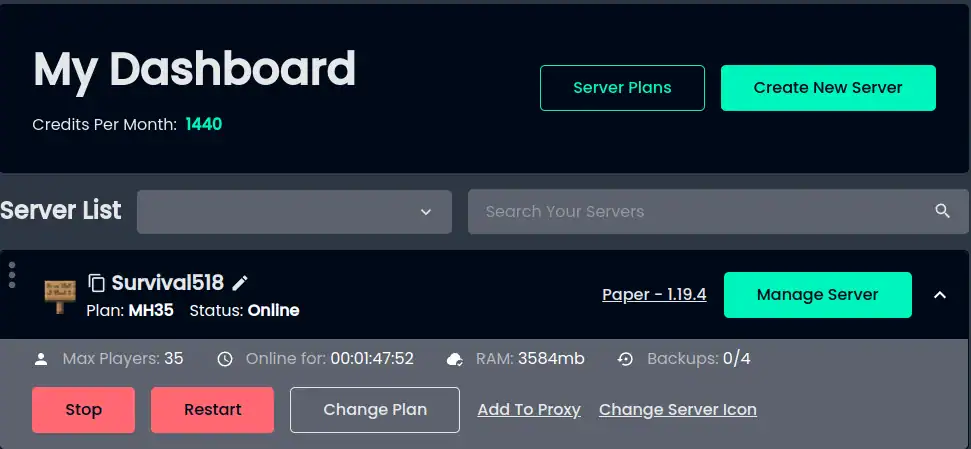 Minehut control panel screenshot