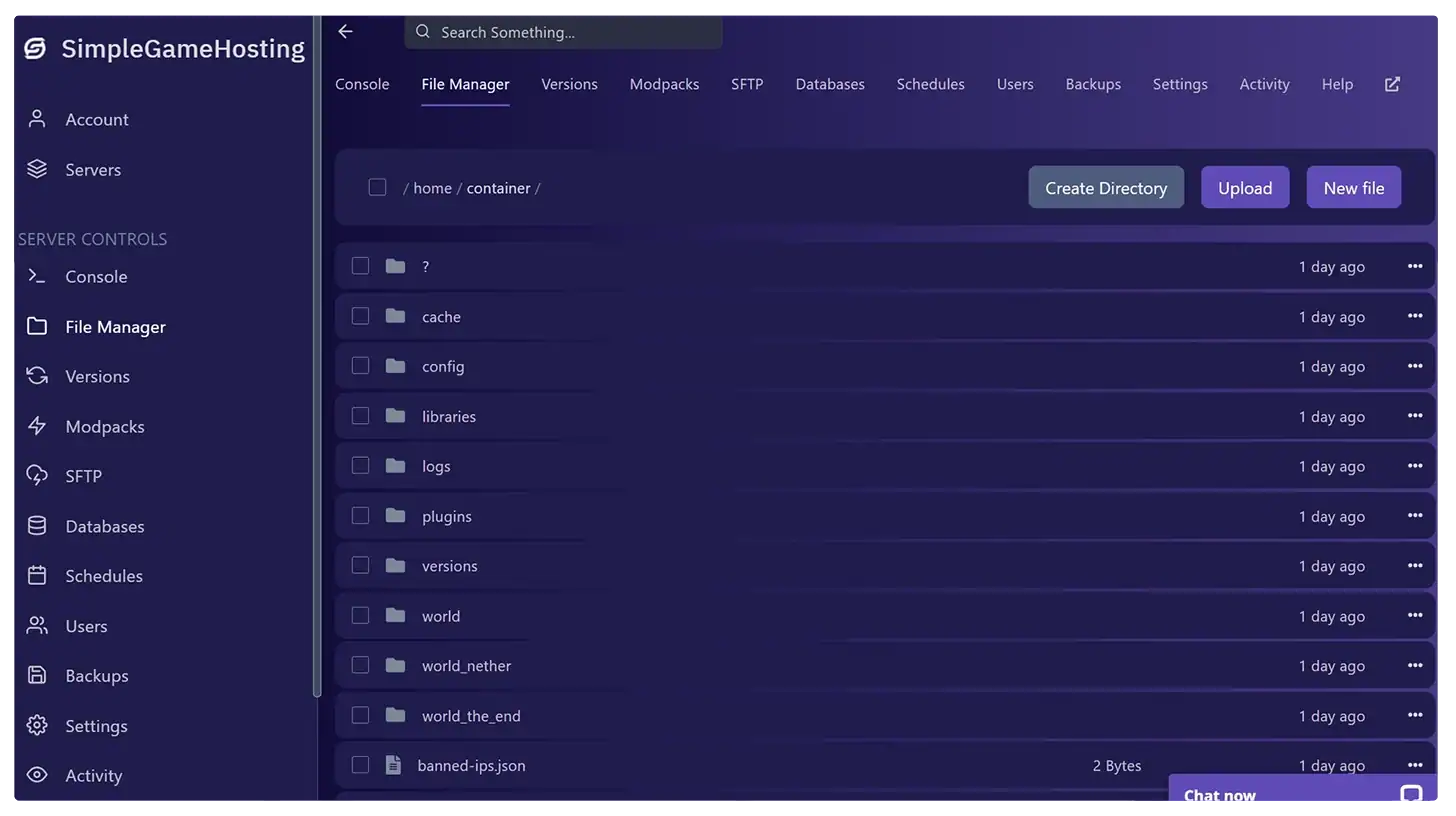 SimpleGameHosting control panel screenshot