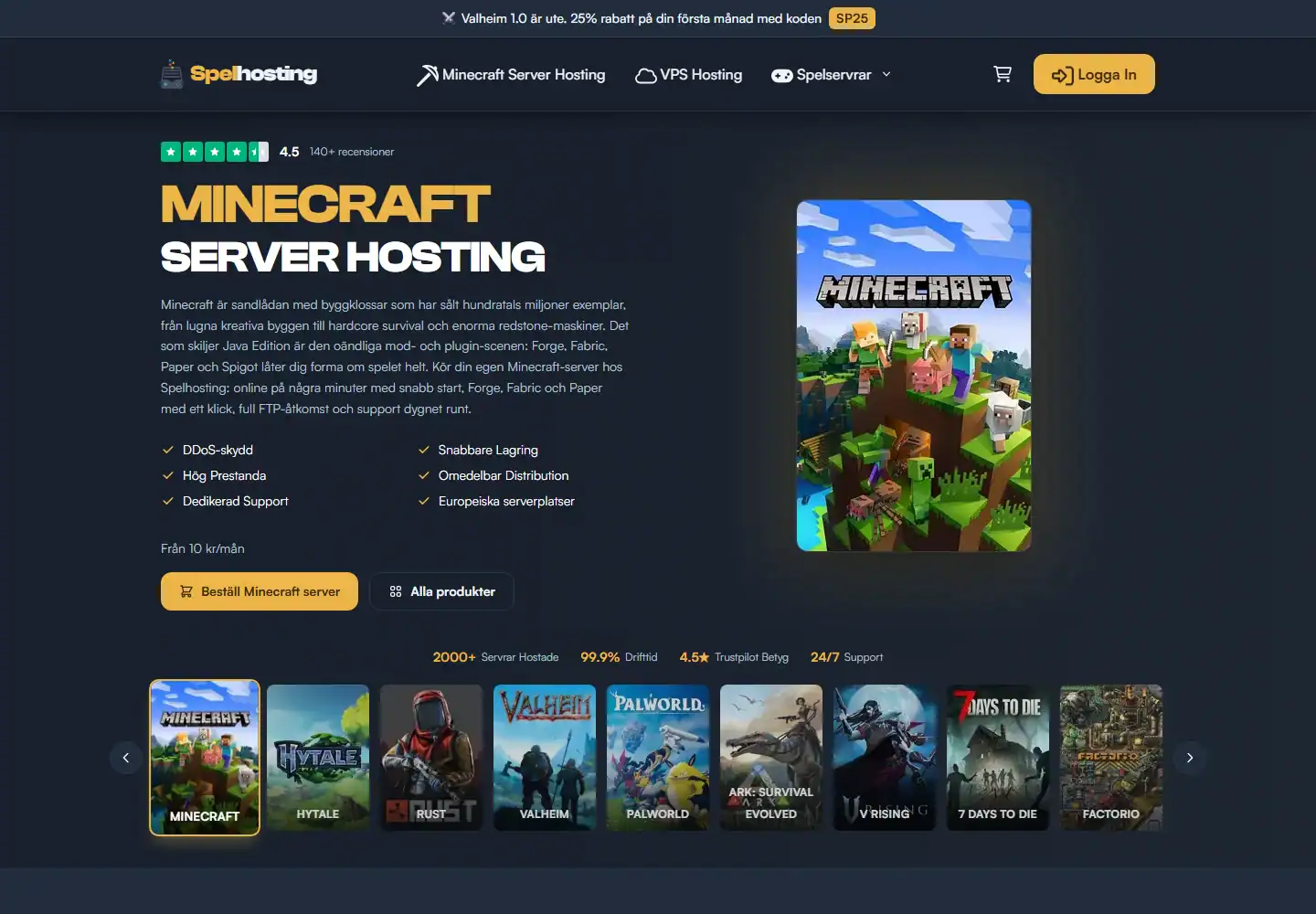 Spelhosting homepage screenshot