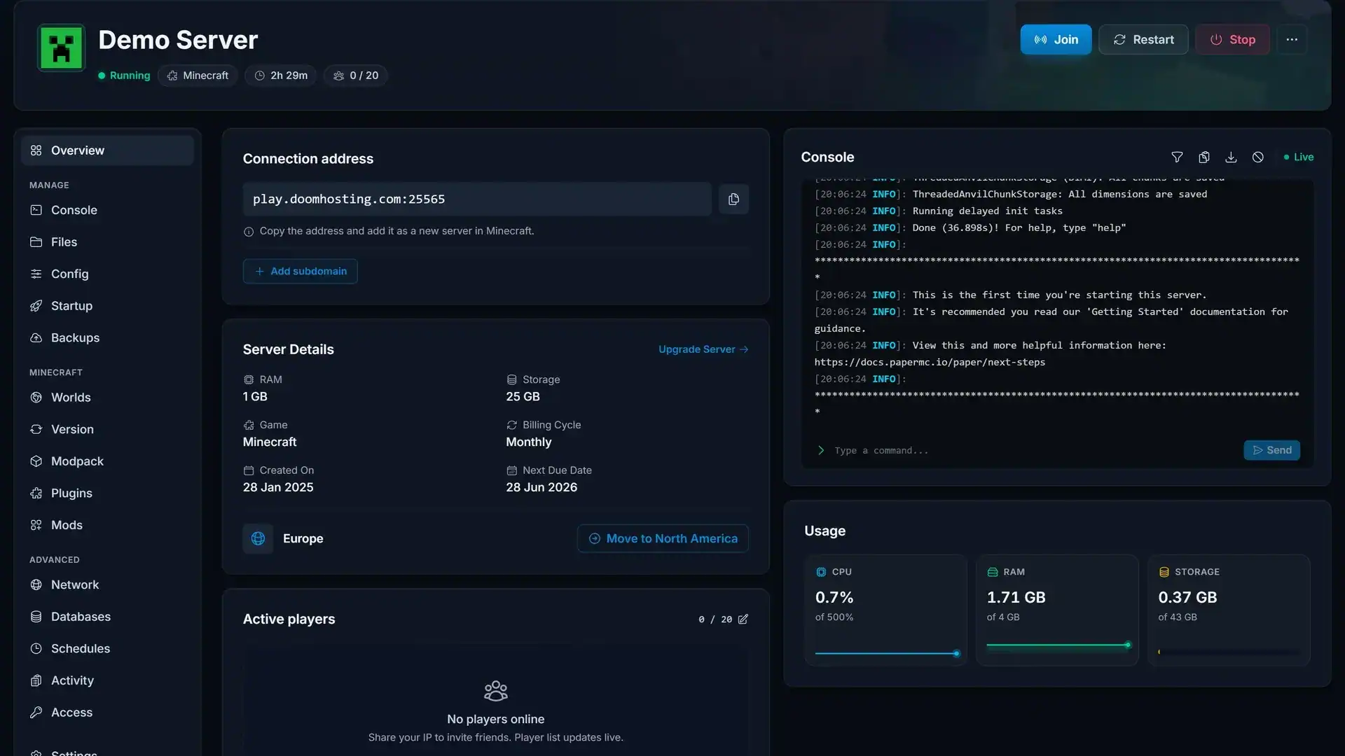 Spelhosting control panel screenshot