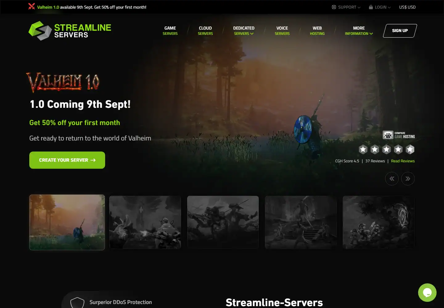 Streamline Servers homepage screenshot