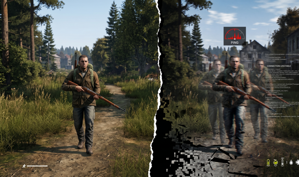 Image of dayz player with smooth vs laggy gameplay. Divided in middle, smooth gameplay to the left and laggy to the right.