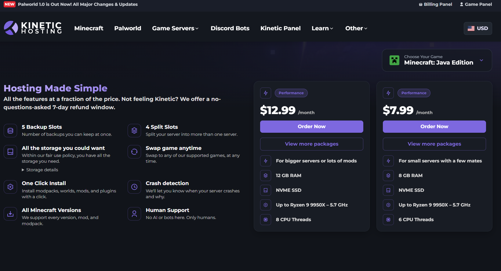 Kinetic Hosting Minecraft Java offering