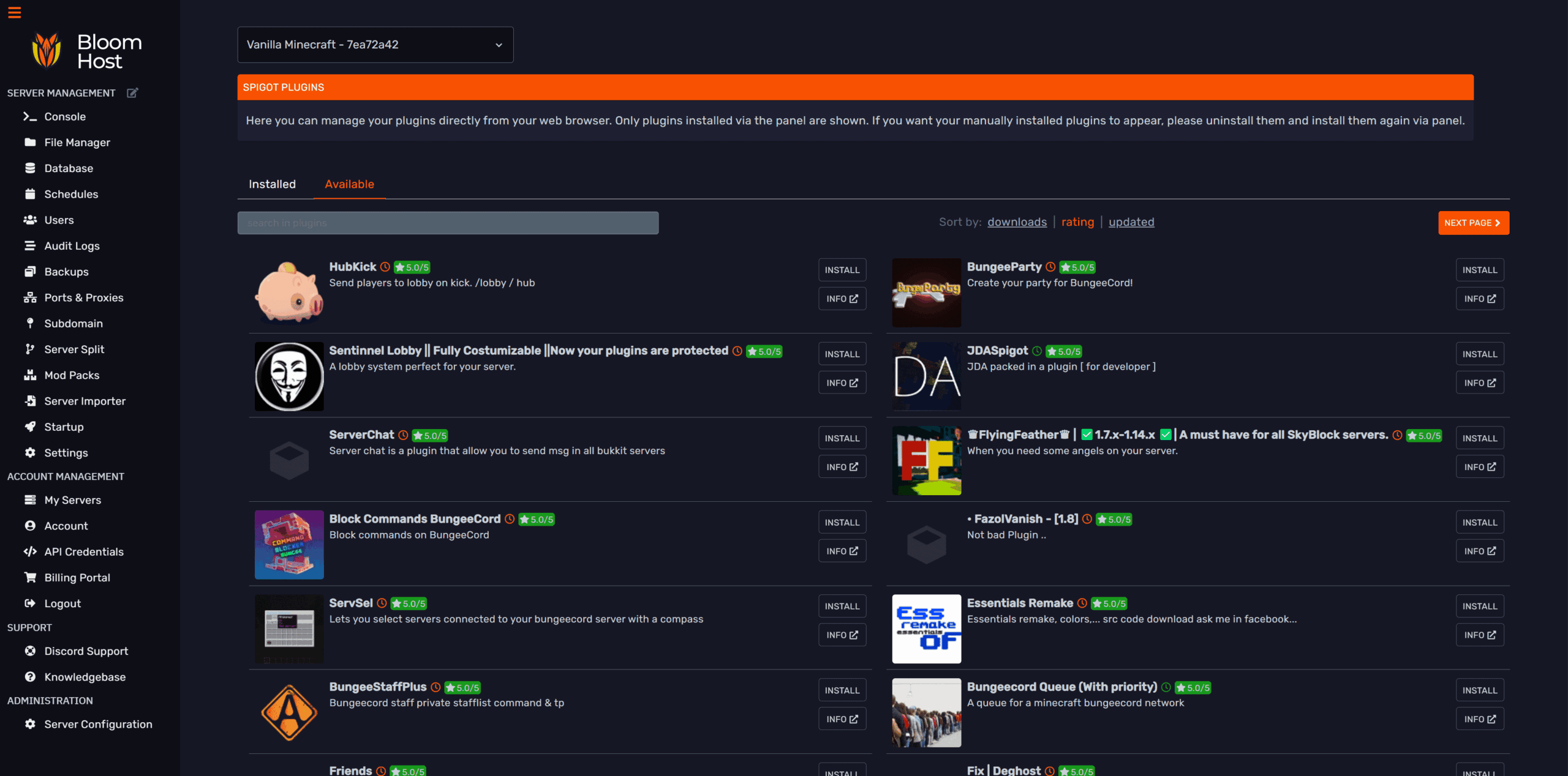 Bloom.host DuckPanel screenshot