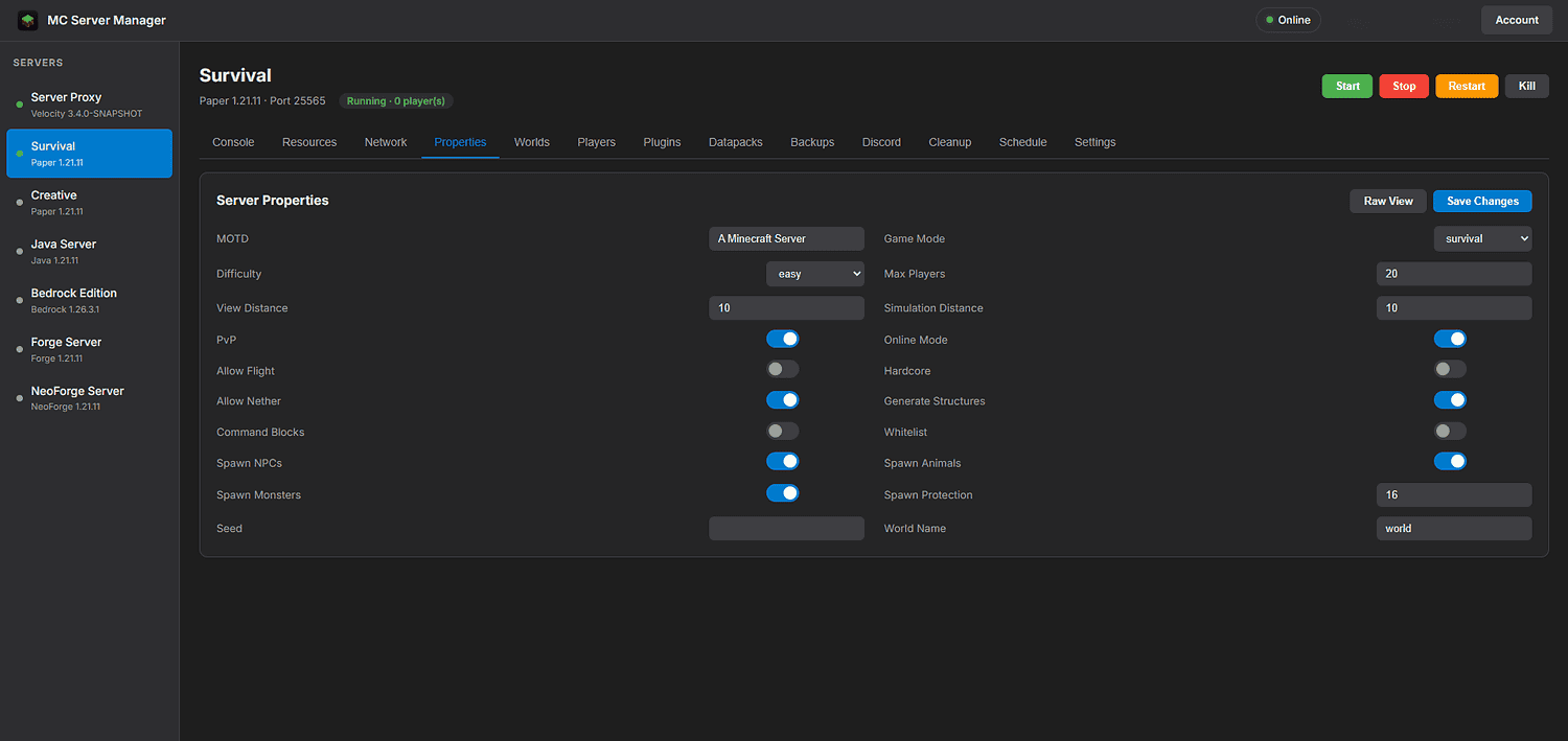 MCServerHost control panel screenshot
