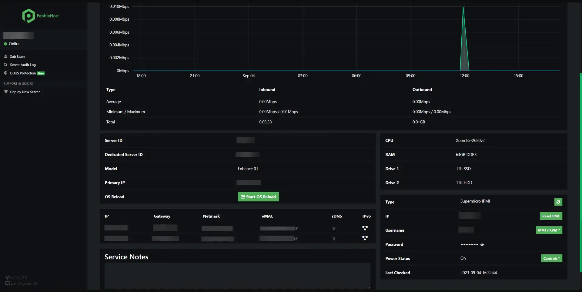 PebbleHost control panel screenshot