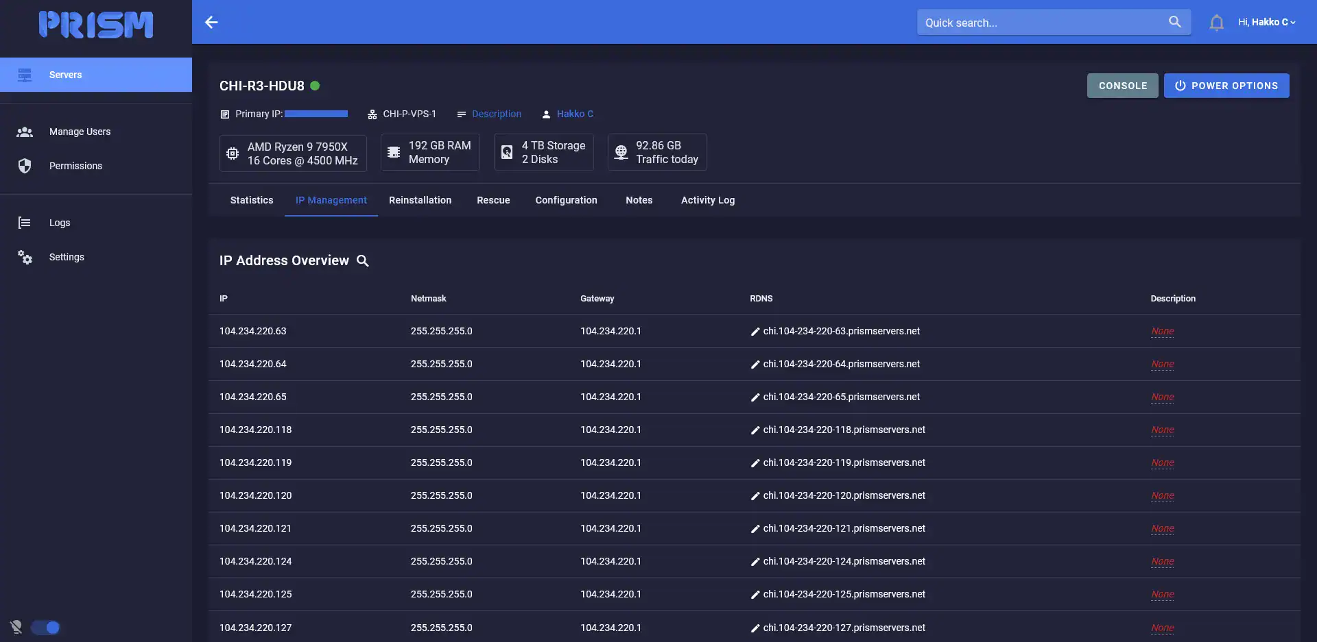 Prism Host control panel screenshot