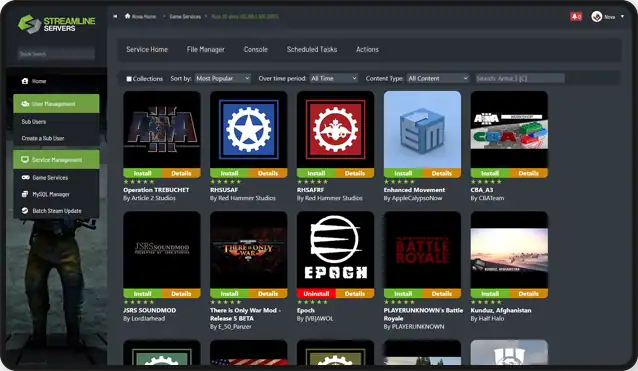 Streamline Servers control panel screenshot